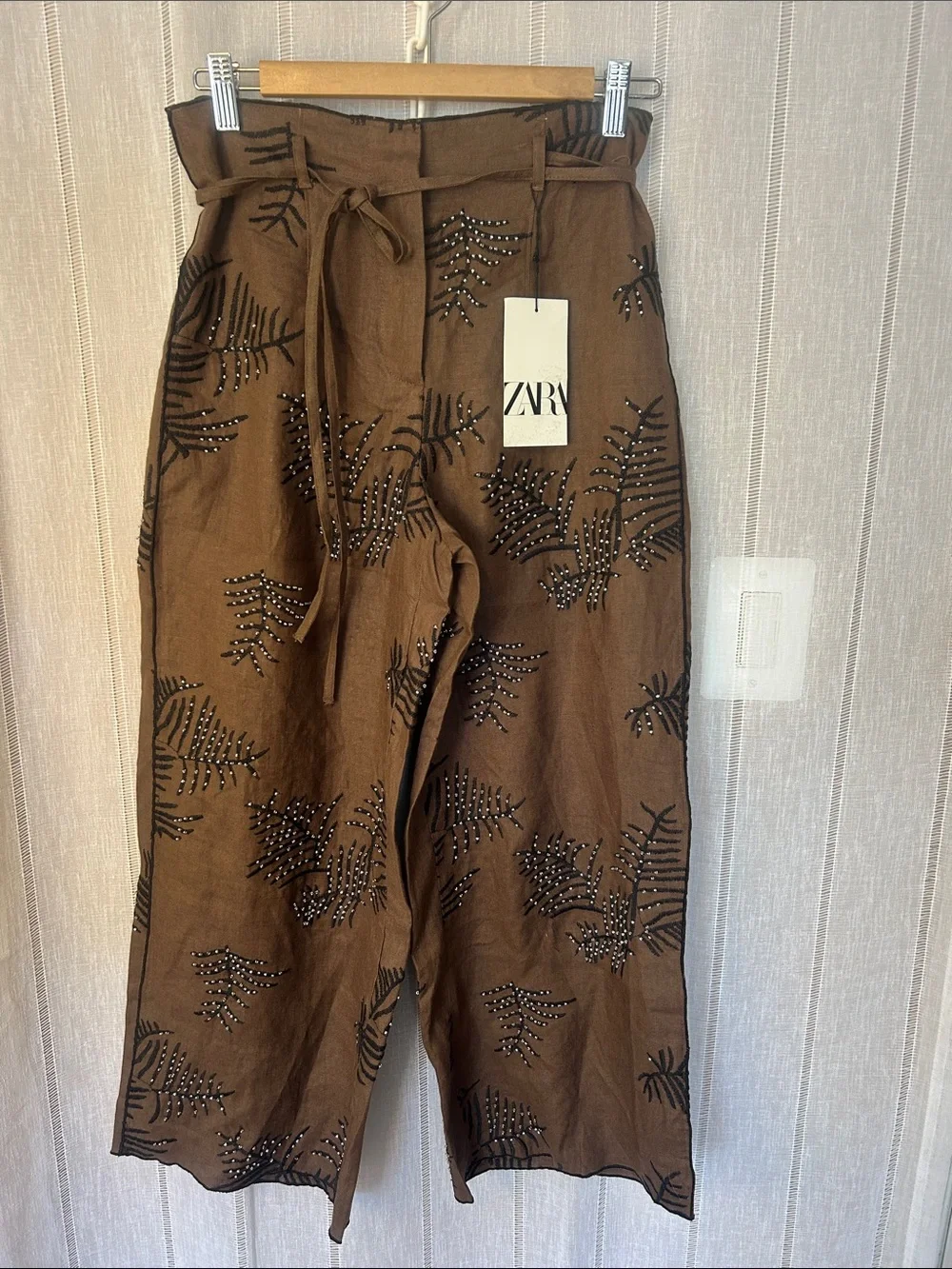 ZARA Brown Embellished Paperbag Waist Wide-Leg Pants